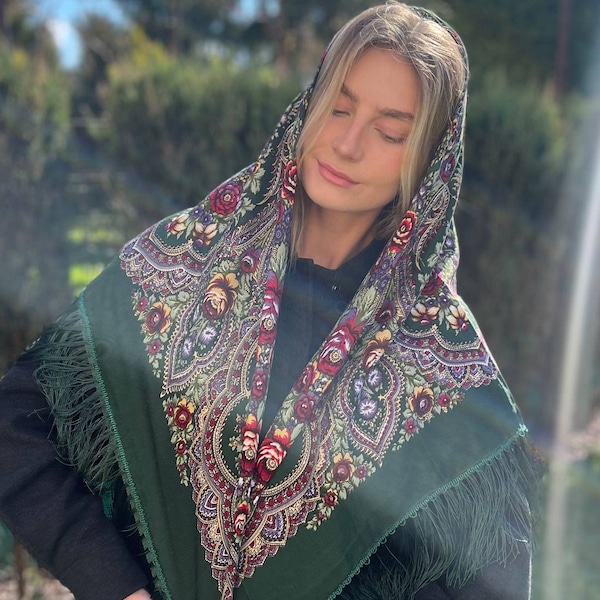 Green Ethnic Folk Ukrainian Wool Shawl Babushka Floral Scarf Modern Chic Boho Gift for Her Ethnic Shawl Floral Scarf Slavic Scarf