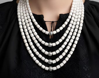 White Layered Necklace Wedding Jewelry | 5 Strand Statement Necklace Easter Gift | Elegant Beaded Collar Silver Accents Ukraine