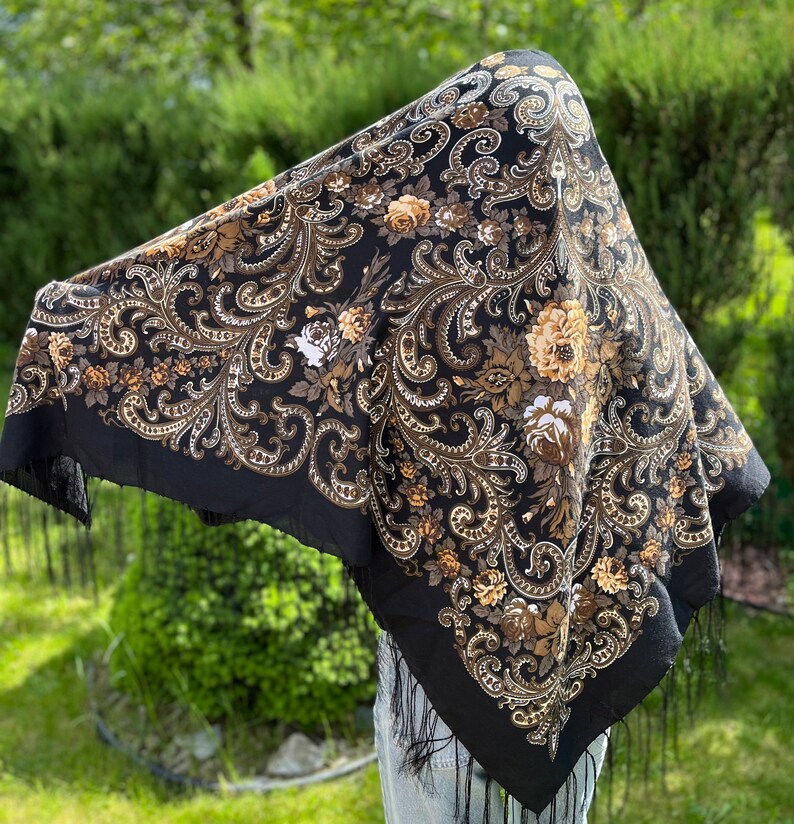 Black 140x140 floral scarf wool floral Boho Style Ukrainian Tradition Embroidered Shawl Flowers and Fringe folk costume babushka scarf image 3