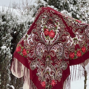 Burgundy Wool Shawl: Ethnic Floral Scarf - Slavic Boho Pavlovo Posad