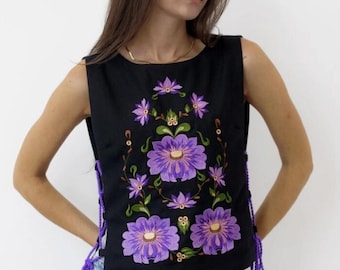 Black Embroidered Vest, Ukrainian Folk Top, Floral Boho Clothing