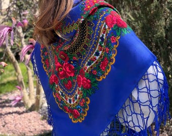 Ukrainian Floral Wool Shawl, Traditional Folk Scarf, Boho Babushka Wrap for Women