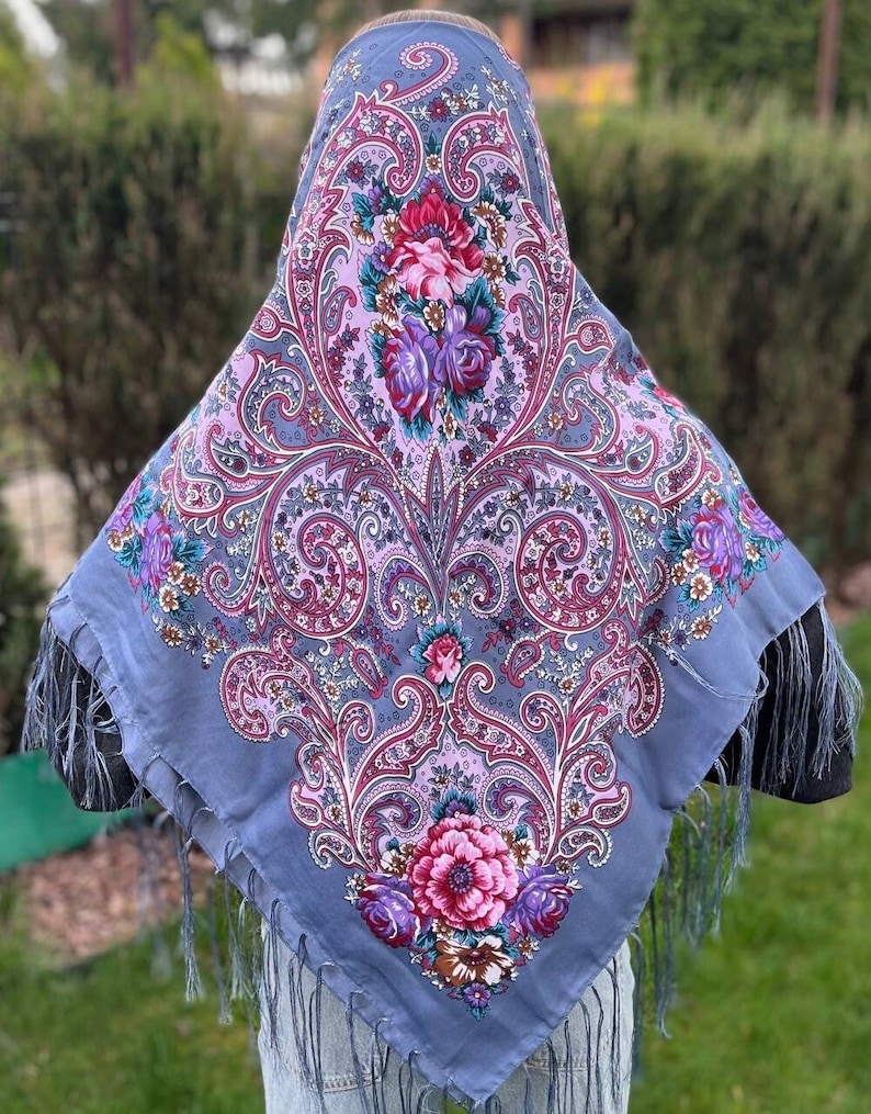 Ukrainian shawl 80% Wool blue HijabTraditional Ukrainian scarf, scarf flower, Ethnic Folk Ukrainian Wool Shawl Babushka ethnic european image 1