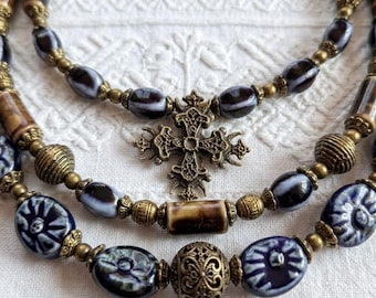 Boho Layered Necklace, Ceramic Beads, Bronze Cross Pendant, Ethnic Statement Jewelry