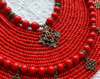 Ukrainian Red Coral Necklace, Traditional Folk Jewelry, Statement Beaded Collar, Vyshyvanka Necklace