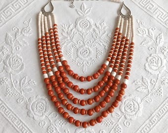 Coral Ceramic Necklace Mother's Day Gift | Multi Strand Statement Necklace | Handmade Pottery Beaded | Adjustable Layered Jewelry