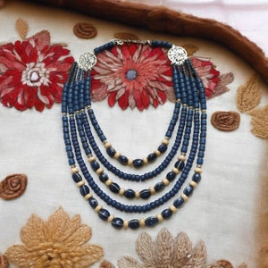 Handmade Traditional Multilayer Ukrainian Namysto Blue Necklace, Folk Boho Style Necklace Namysto, Ceramics accessories for mom slavic beads