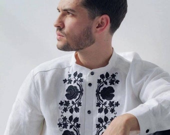 White Black Linen Ukrainian Men's Embroidered Vyshyvanka Shirt Traditional Folk Clothing Embroidery Perfect Gift for Him fathers day gift