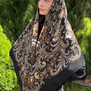 Black 140x140 floral scarf wool floral Boho Style Ukrainian Tradition Embroidered Shawl Flowers and Fringe folk costume babushka scarf image 5