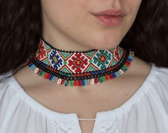 Rainbow Beaded Collar Necklace, Boho Statement Jewelry, Colorful Folk Necklace, Handmade Czech Glass Bead, Festival Gift for Her