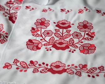Ukrainian Wedding Rushnyk Towel: Red Satin Stitch Embroidery, Gabardine Folk Decor