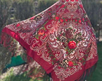 Ethnic Folk Wool Shawl Slavic  Floral Scarf Modern Chic Boho Pavlovo Posad with Classic Timeless Floral Design accessories for mom
