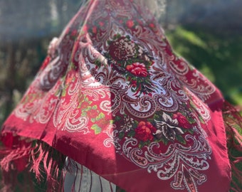 Ethnic Folk Wool Shawl Slavic  Floral Scarf Modern Chic Boho Pavlovo Posad with Classic Timeless Floral Design, Gift for Her Easter gift