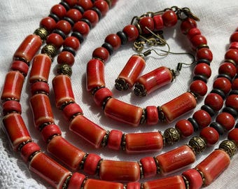 Ukrainian Ceramic Necklace Set, Red Multi Strand Necklace, Handmade Namysto Jewelry, Ceramic Bead Earrings