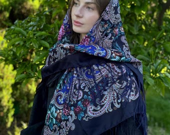 Châle ukrainien 80 % laine bleu foncé vendeurs ukrainiens boutiques ukrainiennes floral vintage écharpe en laine ukrainienne cadeaux traditionnels folkloriques ethniques pour femmes