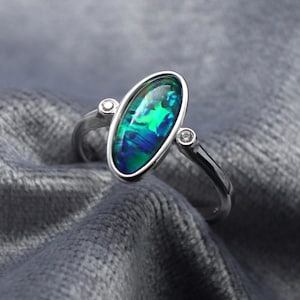 US#6 Sterling Silver Natural Australian Black Opal Triplet Ring | October Birthstone | Fine Gemstone Jewelry