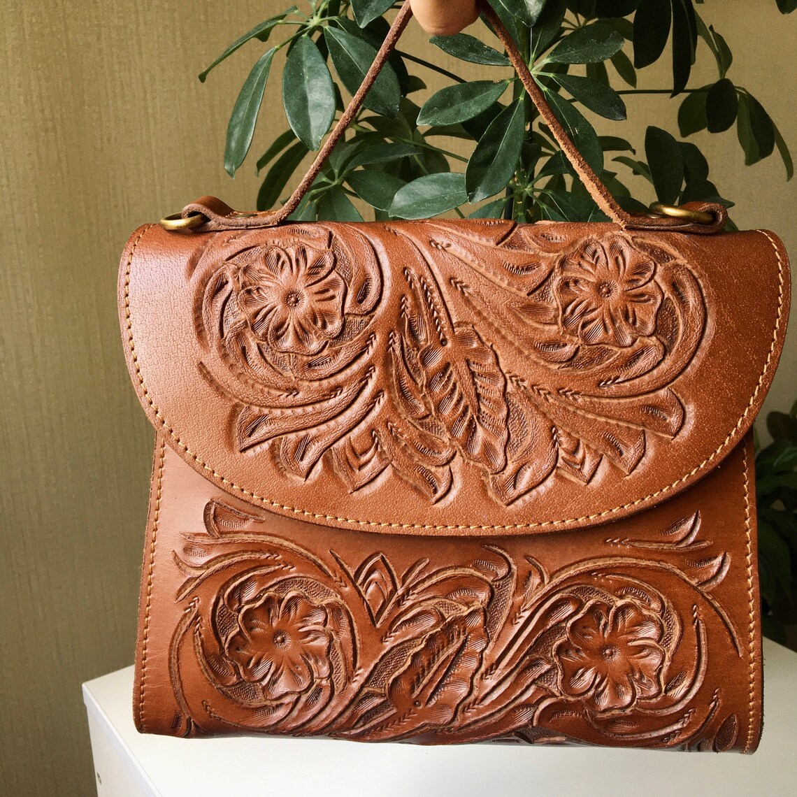 Women's Leather Bag Hand Tooled Leather Purse Bag Handmade Brown