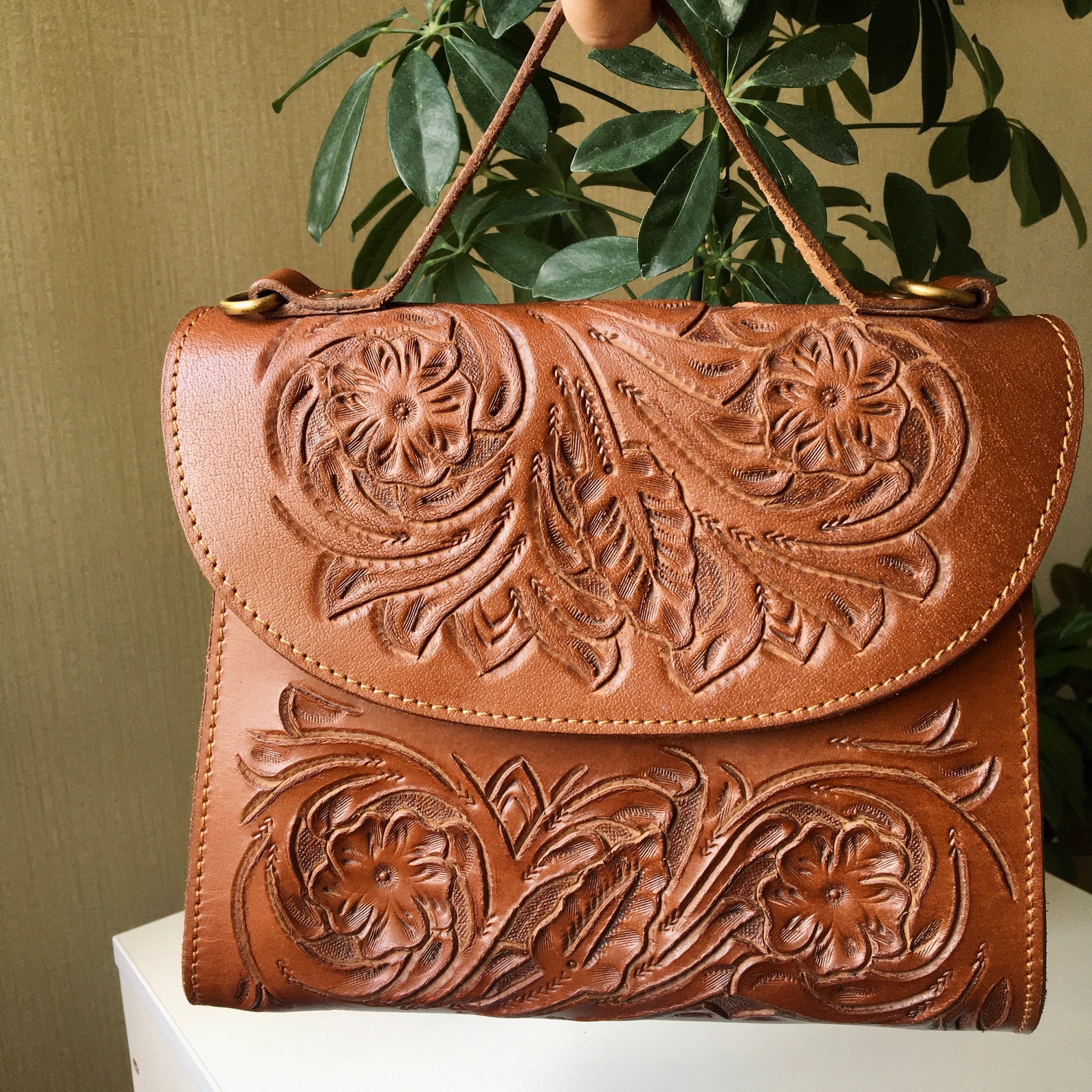Women's Leather Bag Hand Tooled Leather Purse Bag Handmade Brown
