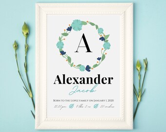 Custom Baby Boy Name Nursery Printable Wall Art | Personalized Gift | New Baby Gift