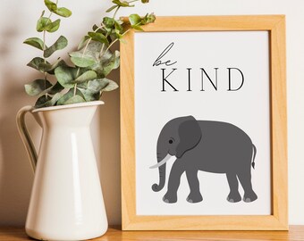 Elephant Safari Nursery Wall Art | Printable Animal Wall Decor | Baby Shower Gift | "Be Kind"