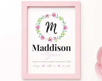 Custom Baby Girl Name Nursery Printable Wall Art | Personalized Gift | New Baby Gift