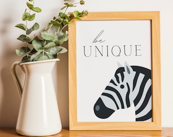 Zebra Safari Nursery Wall Art | Printable Animal Wall Decor | Baby Shower Gift | "Be Unique"