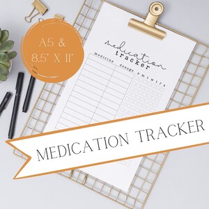 May include: Printable medication tracker sheet in A5 and 8.5" x 11" sizes. The sheet has columns for medicine, dosage, and days of the week. The sheet is on a gold wire rack.