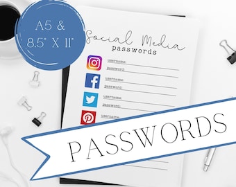 Password Tracker | A5 Bullet Journal Insert | Customizable Social Media App List