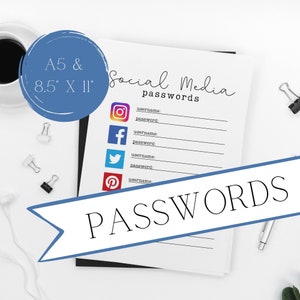 Könnte beinhalten: Druckbarer Social-Media-Passwort-Logbogen im Format A5 und 8,5 x 11 Zoll. Das Blatt enthält Zeilen für Benutzernamen und Passwörter für Instagram, Facebook, Twitter und Pinterest.
