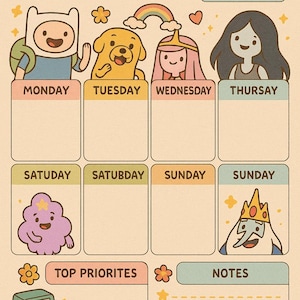Adventure Time Weekly Planner | Printable Digital Planner Page | Cute Cartoon-Inspired Organizer | Instant Download
