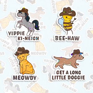 Holographic Cowboy Animal Stickers, Cute Western Decals, Funny Cowboy Pun Stickers