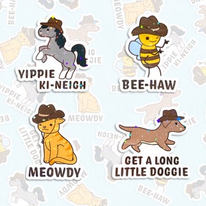 Holografische Cowboy-Tieraufkleber, niedliche Western-Abziehbilder, lustige Cowboy-Wortspielaufkleber