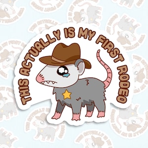 Dies ist eigentlich mein erster Rodeo Possum Aufkleber, niedlicher Opossum Aufkleber, lustiger westlicher Cowboy Aufkleber