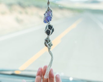Amethyst car charm, black tourmaline crystal rear view mirror charm, boho car accessories, metaphysical gifts for her, protective gifts for