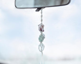 Crystal Rear View Mirror Hanger for Car or Home Decor - Handmade Macrame Accessory with Elegant Sparkle