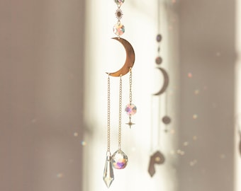 Moon phase suncatcher, window prism, Crystal pendulum, moon Goddess, Wicca, boho car charm, crystal moon, manifestation gifts for her