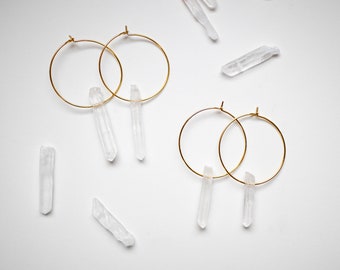 Gold Crystal Quartz Earrings, Gold Boho Hoops, Crystal Earrings, Crystal Hoop Earrings, Christmas gift for wife or girlfriend, gift for her