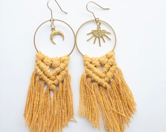 Macrame Earrings, Moon and Sun Earrings, Dangle Earrings, Gifts for Her, Boho Jewelry, Unique Earrings, Yellow Earrings