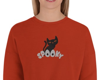 Spooky Cat Embroidery Crop Sweatshirt, Halloween Crop Sweater, Halloween Cat sweatshirt, Halloween Embroidered Sweatshirt, Trendy Embroidery