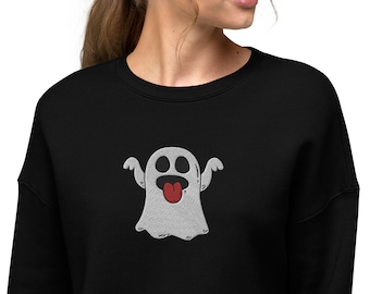 Halloween Ghost Crop Sweatshirt, Embroidered Ghost Sweatshirt, Halloween Crewneck, Spooky season sweatshirt, Halloween Sweatshirt for Women