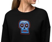 Sugar Skull Embroidered Sweatshirt, Dia de los muertos sweater, Halloween Spooky sweater, Halloween trendy embroidery skull Crop Sweatshirt