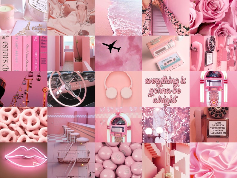 Pink aesthetic photo wall collage kit 50 pcs digital | Etsy