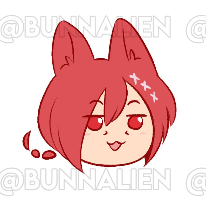 May include: A cartoon illustration of a red-haired character with fox ears, wearing a mischievous expression with their tongue sticking out. The character has red eyes and a pink face.