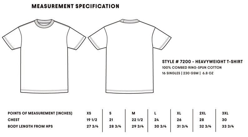 Puede incluir: Un dibujo t&eacute;cnico de l&iacute;neas de una camiseta de manga corta que muestra las vistas frontal y posterior. El texto incluye STYLE # 7200 - HEAVYWEIGHT T-SHIRT, 100% COMBED RING-SPUN COTTON, 16 SINGLES | 230 GSM | 6.8 OZ y una tabla de tallas.