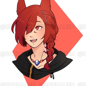 May include: A red-haired character with fox ears and a black hooded jacket. They are wearing a blue and red necklace with a white pendant. The character has a braid in their hair and is smiling.