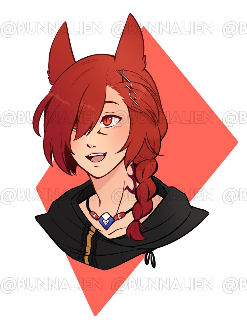 May include: A red-haired character with fox ears and a black hooded jacket. They are wearing a blue and red necklace with a white pendant. The character has a braid in their hair and is smiling.