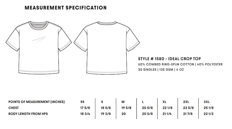 Puede incluir: Un dibujo t&eacute;cnico de l&iacute;nea de un top corto que muestra vistas frontal y trasera. El texto incluye MEASUREMENT SPECIFICATION, STYLE # 1580 - IDEAL CROP TOP, 60% COMBED RING-SPUN COTTON | 40% POLYESTER, 30 SINGLES | 135 GSM | 4 OZ y una tabla de tallas.