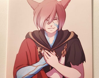May include: A pink-haired, cat-eared character with blue markings on their face, wearing a red and black robe, smiles and holds their hands to their chest. The text "Tis good to be awake" is written at the top of the image.