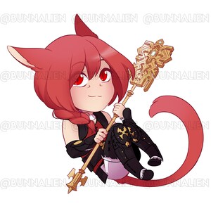 May include: A red-haired, cat-like character with a long, braided tail sits holding a gold staff with a complex, intricate design. The character has red eyes and is wearing a black and red outfit with gold accents.