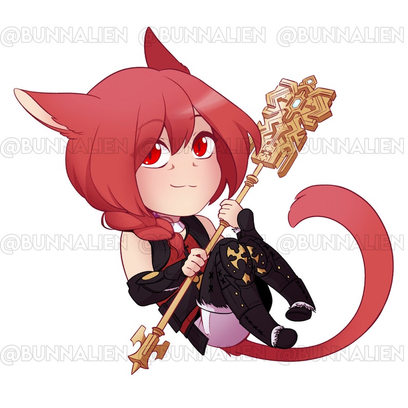 May include: A red-haired, cat-like character with a long, braided tail sits holding a gold staff with a complex, intricate design. The character has red eyes and is wearing a black and red outfit with gold accents.